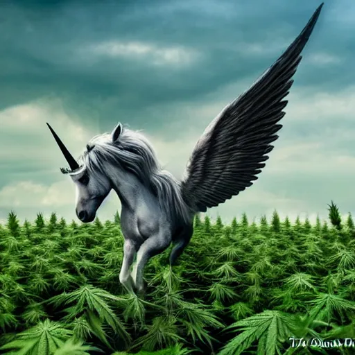 Image similar to a unicorn with wings standing in a field of marijuana eating, wildlife photography, 8 k, highly detailed, ultra realistic