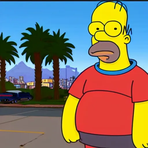 Prompt: Homer Simpson in GTA V. Los Santos in the background, palm trees. In the art style of Stephen Bliss