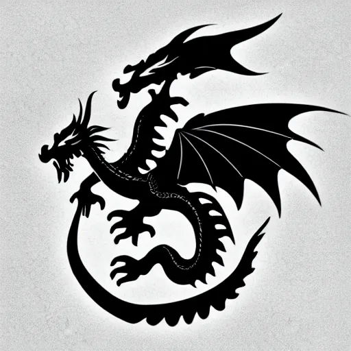 Image similar to a vinyl decal of a flying Chinese dragon, black ink shading on white background