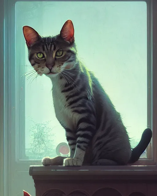 Prompt: highly detailed vfx portrait of a cat, stephen bliss, unreal engine, greg rutkowski, loish, rhads, beeple, makoto shinkai and lois van baarle, ilya kuvshinov, rossdraws, tom bagshaw, alphonse mucha, global illumination, detailed and intricate environment