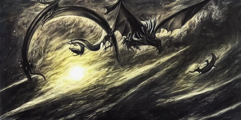 Prompt: painting by h. r. giger, menacing dragon soaring above the clouds, blackhole sun, dark undertones, exodus of the stars