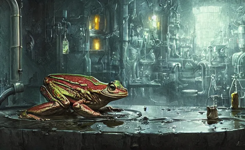 Prompt: highly detailed portrait of an evil cyberpunk frog making a poisonous drink in his alchemist laboratory, fantasy art by greg rutkowski