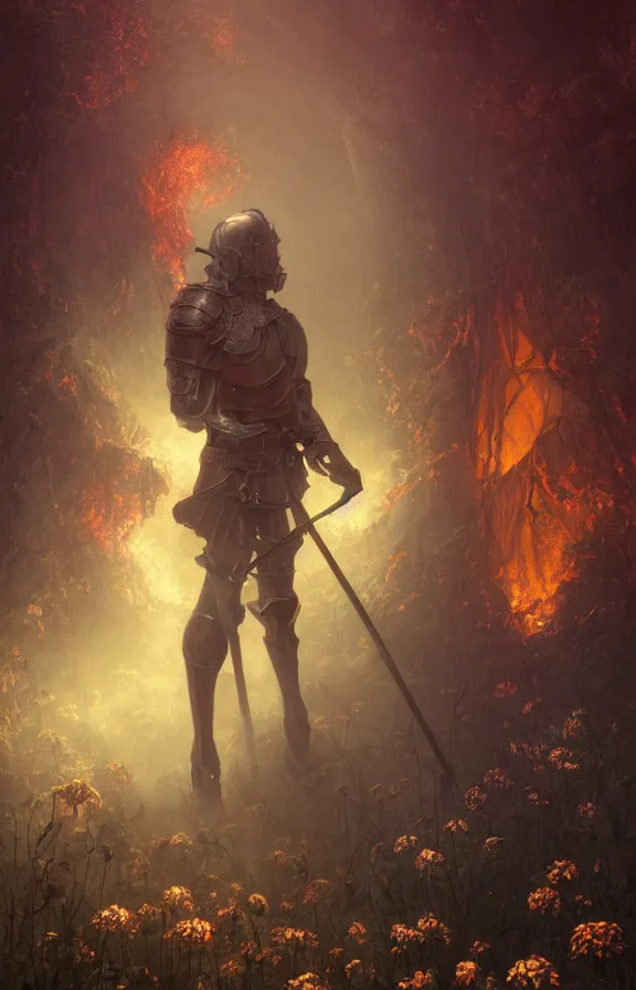 Image similar to portrait of a knight among flowers in dark forest, surrounded by fire and smoke, moody, rim light, dynamic lighting, cinematic shot, gritty, ultra - detail, renderman, physically based render, jean delville, gustave dore and marco mazzoni