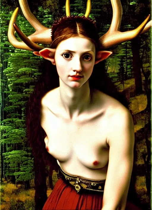 Image similar to elf woman that has antlers, forest in background, renaissance oil painting, by artemisia gentileschi, baroque, beautiful, feral, clear, crisp, sharp, award - winning, portrait, extremely detailed