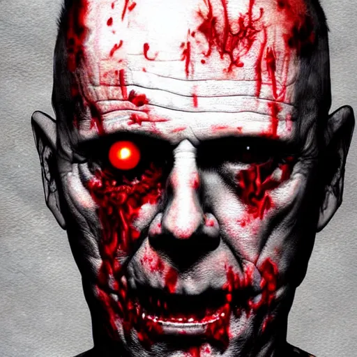 Image similar to a zombie Bruce Willis, by WLOP, horror, wounds, bloody, dark fantasy, trending on artstation