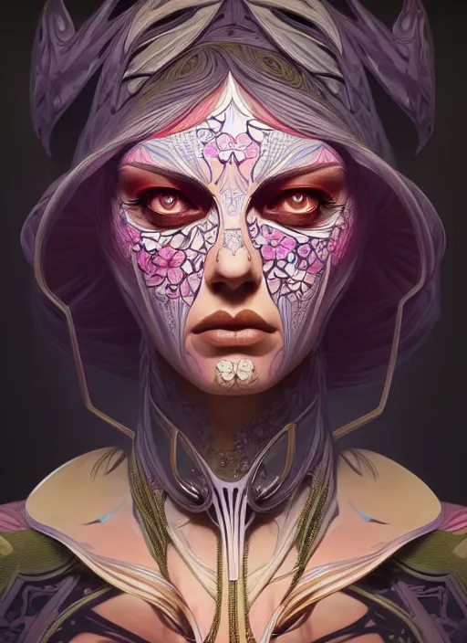 Prompt: symmetry portrait of floral borderlands 3 psycho, intricate, elegant, highly detailed, digital painting, artstation, concept art, smooth, sharp focus, illustration, art by artgerm and greg rutkowski and alphonse mucha, 8 k