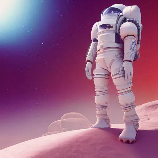 Image similar to photography of a white futuristic space engineer, in an colorful alien planet, ultra detail, beautiful light, high detail, 8 k, f / 2. 8, octane render