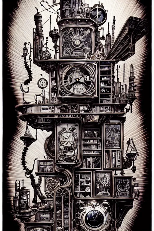 Image similar to a majestic steampunk alchemists bookshelf, two point perspective, furniture, high details, bold line art, by vincent di fate and joe fenton, inking, etching, screen print, masterpiece, trending on artstation, sharp, high contrast, hyper - detailed,, hd, 4 k, 8 k