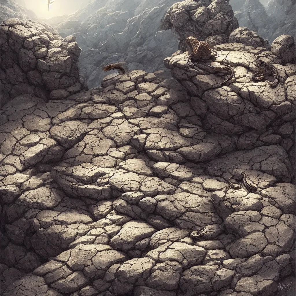 Prompt: a common european viper in a granite rock, path, in avila mountains, european adder, viper head, 4 k, concept art, by wlop, ilya kuvshinov, artgerm, krenz cushart, greg rutkowski, pixiv. cinematic dramatic atmosphere, sharp focus, volumetric lighting, cinematic lighting, studio quality