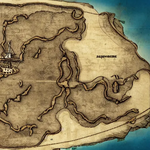 Image similar to old torn treasure map showing the exact spot of the treasure of kong island, pirates treasure map, high detail, high res, hyperrealistic,