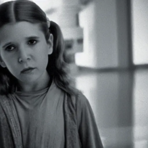 Image similar to film still of carrie fisher as a kid in new star wars movie, dramatic lighting, highly detailed face, kodak film, wide angle shot,