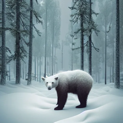 Image similar to A portrait of a white bear in a snowy forest, intricate abstract. intricate artwork. by Tooth Wu, wlop, beeple, dan mumford. octane render, trending on artstation, greg rutkowski very coherent symmetrical artwork. cinematic, hyper realism, high detail, octane render, 8k, iridescent accents