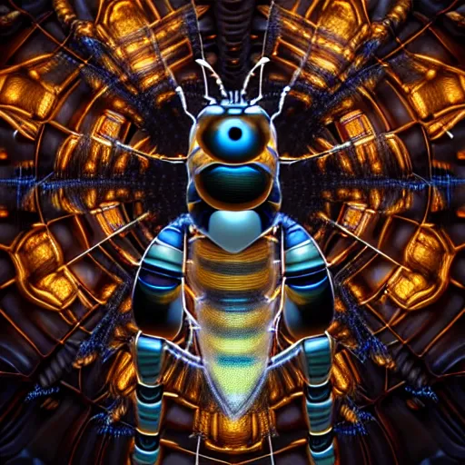 Prompt: A photorealistic 3d render of a robot Bee made of circuits wide view shot by ellen jewett , tomasz alen kopera and Justin Gerard symmetrical features, ominous, magical realism, texture, intricate, ornate, royally decorated, android format, windows, many doors, roofs, complete house , whirling smoke, embers, red adornments, red torn fabric, radiant colors, fantasy, trending on artstation, volumetric lighting, micro details, 3d sculpture, ray tracing, 8k