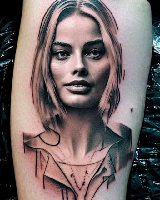 Image similar to creative double exposure effect tattoo design sketch of margot robbie face blended in beautiful mountain scenery, realism tattoo, in the style of matteo pasqualin, amazing detail, sharp