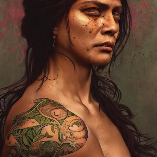 Prompt: zoomed out portrait painting of a muscular bloodied bengali woman, tattooed, lower back, ultra realistic, concept art, intricate details, eerie, highly detailed, photorealistic, octane render, 8 k, unreal engine. art by artgerm and greg rutkowski and alphonse mucha