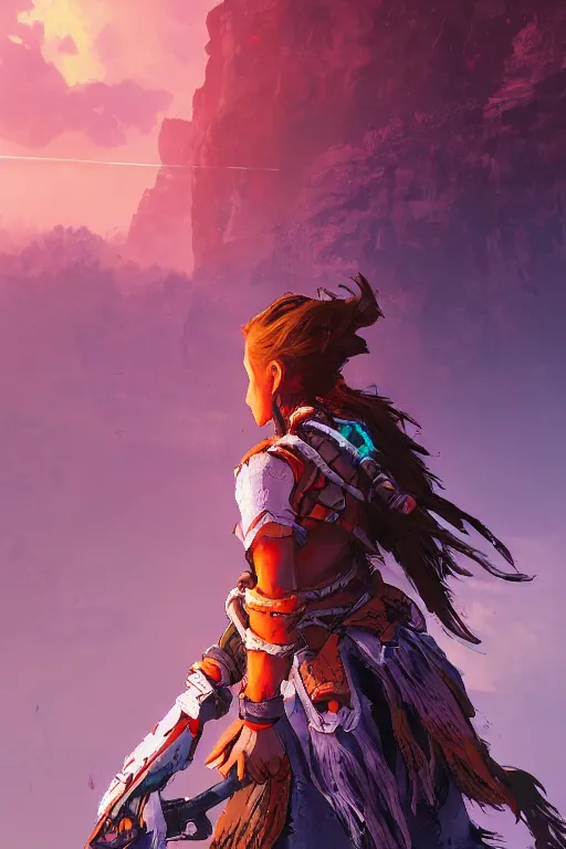 Image similar to combination suit armor aloy horizon forbidden west horizon zero dawn radiating a glowing aura global illumination ray tracing hdr fanart arstation by ian pesty and alena aenami artworks in 4 k tribal robot ninja mask helmet backpack