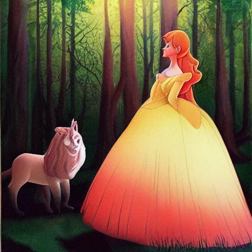 Image similar to A detailed painting of Princess Aurora singing in the woods while animals look on. The colors are light and airy, with a hint of mystery in the shadows. The overall effect is dreamlike and fairy-tale like. warm red, Prada by Leiji Matsumoto control the soul, fantastic