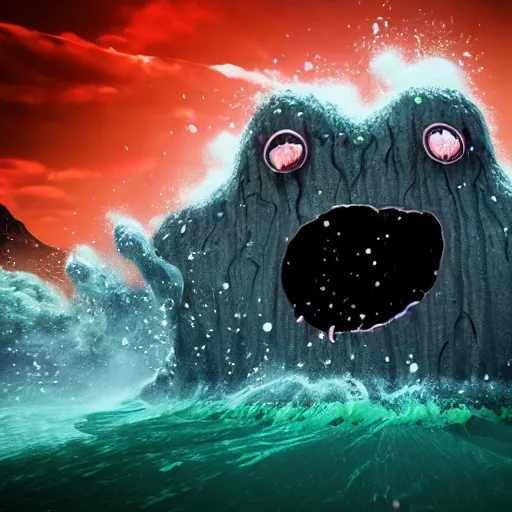 Prompt: the pain is splattered on the sad monster's green face while huge waves crash against him, water sprays into the air, moody dark black sky, hints of red and yellow, fantasy, unreal engine