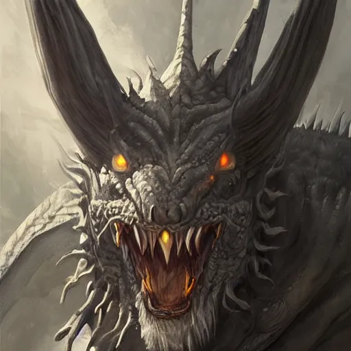 Prompt: a portrait of a grey old , dragon!, dragon!, dragon!, dragon!, dragon!,dragon!, dragon!, dragon!, dragon!, dragon!,dragon!, dragon!, dragon!, dragon!, curved horns!, curved horns!, werewolf,dragon! man, epic fantasy art by Greg Rutkowski