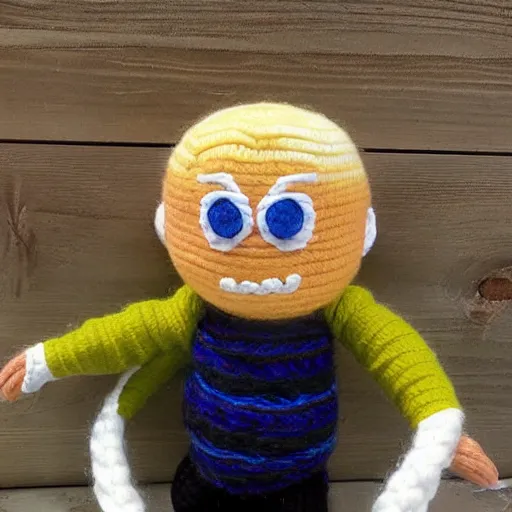 Prompt: hide the pain harold doll made out of yarn