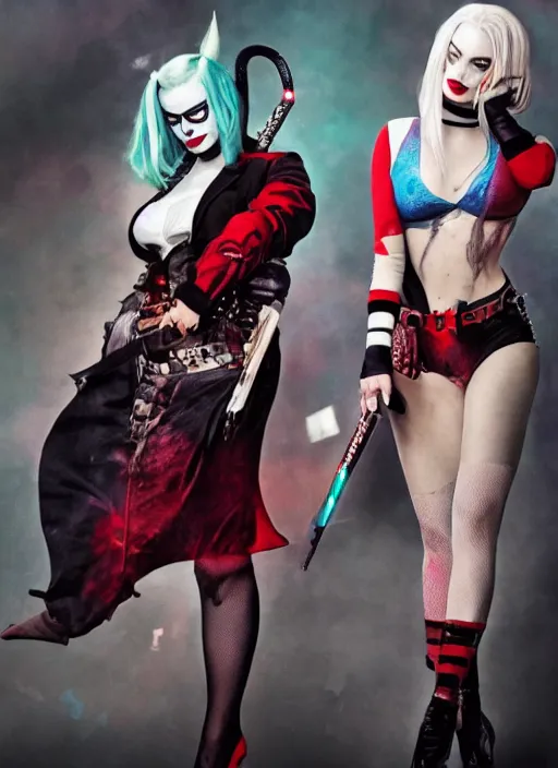 Image similar to photo of seductive beautiful suicide squad happy margot robbie with long white hair that looks like harley quinn standing on the wet street of gotham city, pinup model, glamour fashion pose, cinematic, volumetric lighting octane, studio lighting, global illumination, arney freytag,