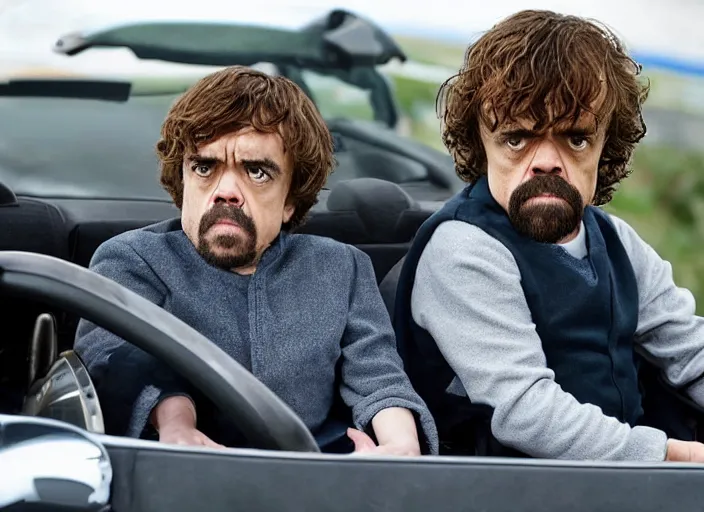 Image similar to peter dinklage and anne hathaway driving a little tikes cozy coupe, movie still, from the new fast 5, 8 k, realistic