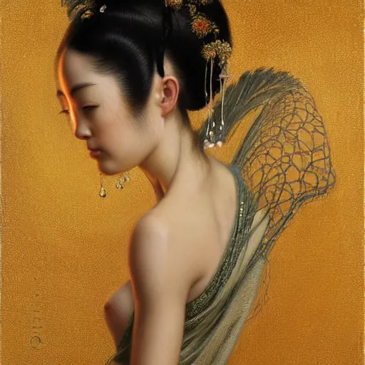Image similar to highly detailed oil painting | very intricate | cinematic lighting | award - winning | portrait of geisha dressed by alexander mcqueen | by roberto ferri, by tom bagshaw, by j. c. leyendecker and klimt, american romanticism, by austin osman spare, artstation, cgsociety, official art, octane
