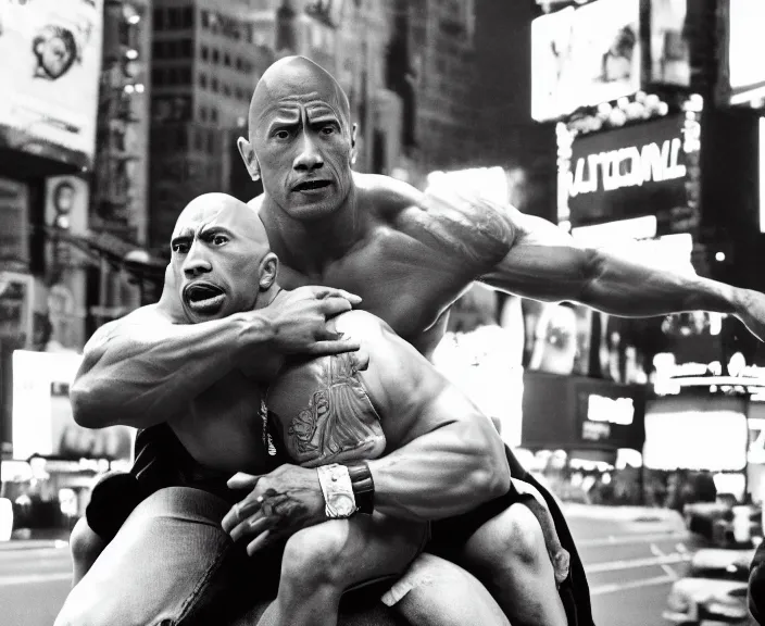 Image similar to Dwayne the Rock Johnson riding on the back of Adam Sandler, doing Methamphetamine at Times Square, photograph by Alfred Eisenstaedt, 4K, dramatic lighting; 4K 8K