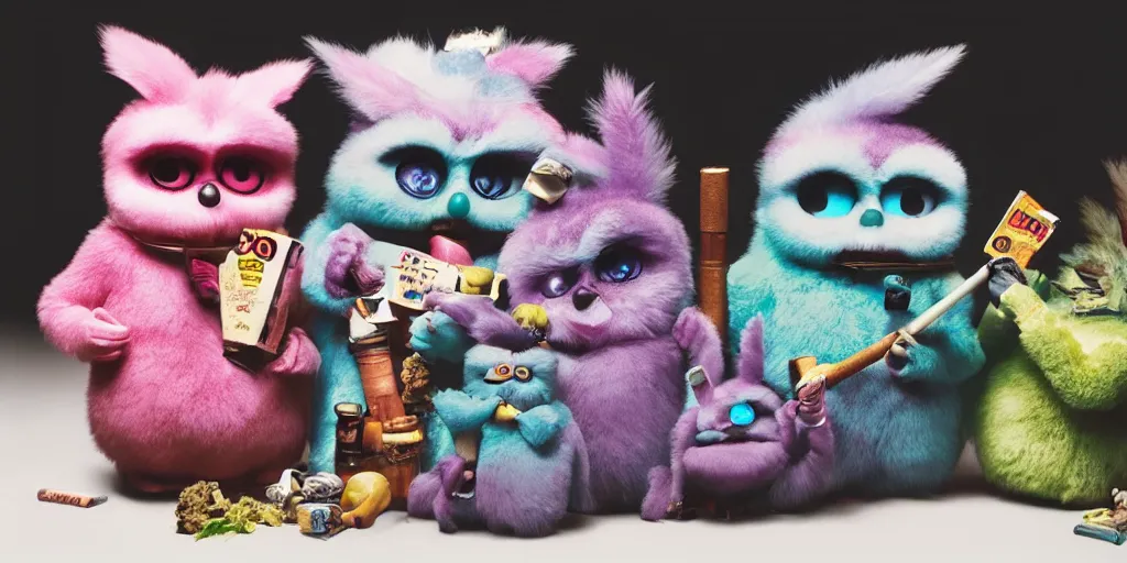 Image similar to a small group of furbies smoking cannabis!!!!! furbies with bongs!! smoking pipes!! and joints!!, smoke! fills the air of a small room, studio lighting, photograph