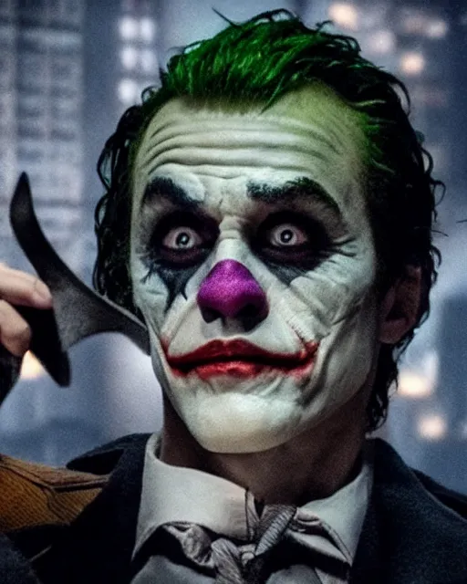 Image similar to Christoph Waltz as The Joker in gotham city, dynamic lighting, realistic, 8k HDR