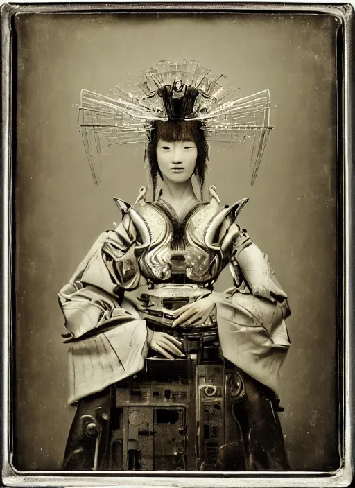 Image similar to old wetplate daguerreotype frame portrait of a futuristic silver armored geisha district 9 cyborg with computer mainframe screens, fractal, intricate, elegant, highly detailed, subsurface scattering, by jheronimus bosch and greg rutkowski and louis jacques mande daguerre