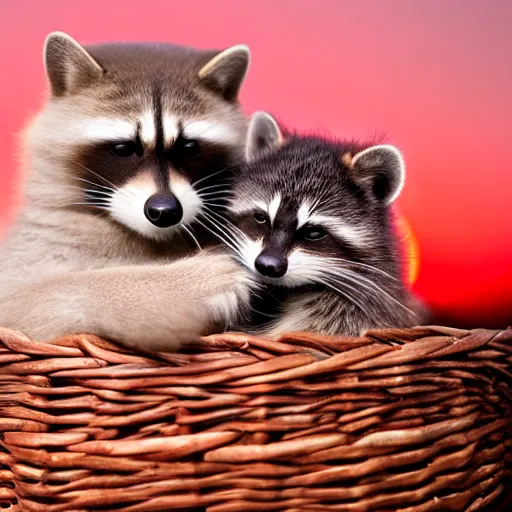 Prompt: a beautiful and cute picture of a cat and a racoon cuddling in a basket with a red sunset behind, afternoon soft light, ultra realistic 8K, f 1,4