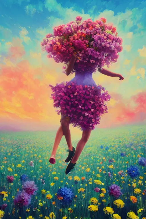 Prompt: closeup, giant flower head, girl in a suit jumping in a field of flowers, surreal photography, sunrise, blue sky, dramatic light, impressionist painting, digital painting, artstation, simon stalenhag