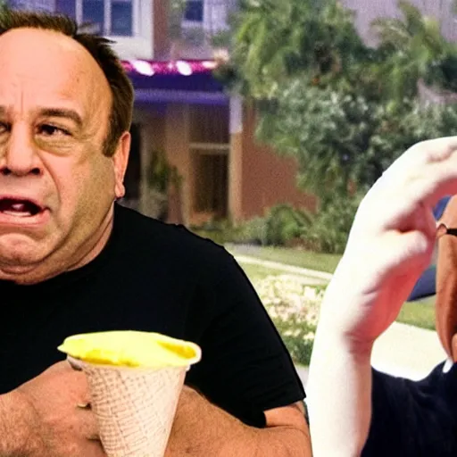 Image similar to Angry Alex Jones chasing after Danny DeVito for stealing his ice cream