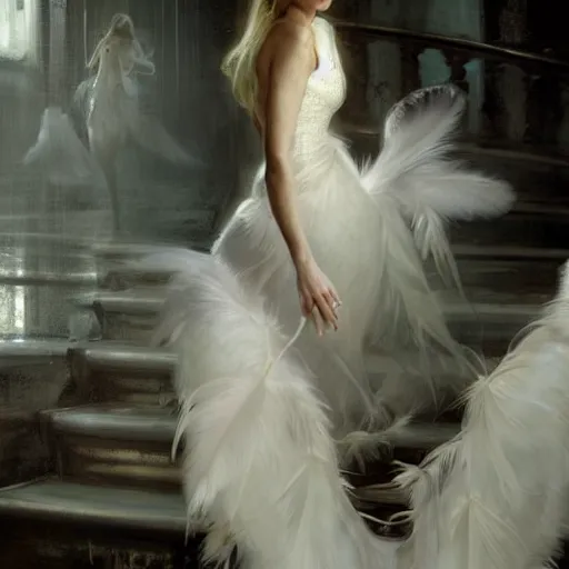 Prompt: hyperrealistic portrait of a woman as amber heard running down a staircase noir white swan dress wearing sapphire jewellery feather collar by jeremy mann and alphonse mucha, fantasy art, photo realistic, dynamic lighting, artstation, poster, volumetric lighting, very detailed faces, 4 k, award winning