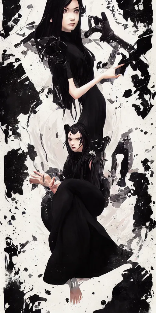 Image similar to character poster of young girl with straight long black hair wearing black dress sitting in bathroom floor, poster by capcom art team collaborating with artgem, greg rutkowski and mario testino