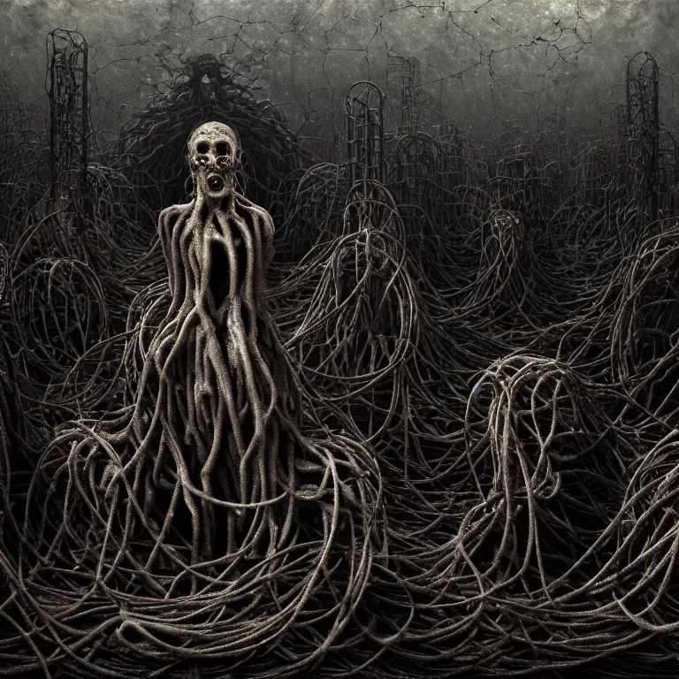 Image similar to portrait of abandoned ribbed organic satanistic ritual scene, crowd of people, covered with wires, spines, roots, ash, mold, baroque painting, standing in a desolate empty wasteland, creepy, nightmare, dream-like heavy atmosphere, dark fog, surreal abandoned buildings, baroque painting, beautiful detailed intricate insanely detailed octane render trending on Artstation, 8K artistic photography, photorealistic, volumetric cinematic light, chiaroscuro, zoomed out, fisheye, Raphael, Caravaggio, Beksinski, Giger