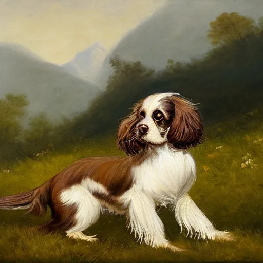 Prompt: painting of a brown and white spaniel carrying a yellow frisbees in a lush expanse, mountains in the background, france , fine art, classical art, prestigious, brush marks