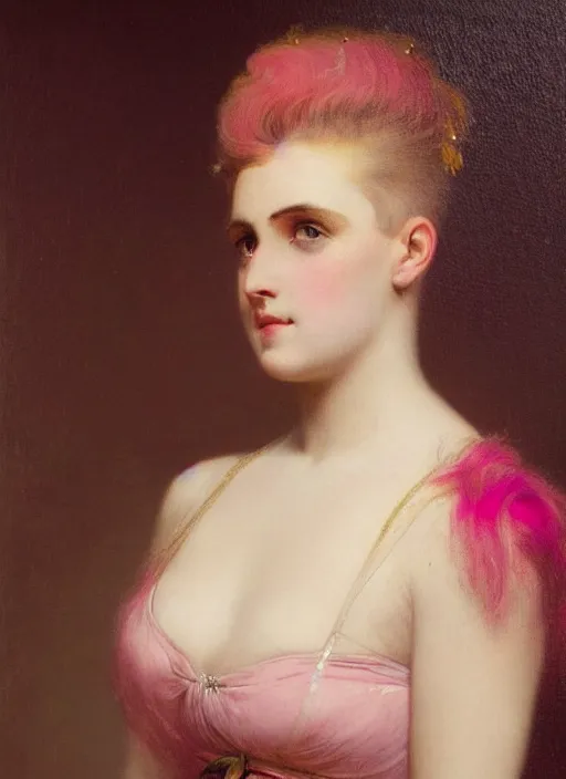 Image similar to a detailed portrait of woman with a mohawk by edouard bisson, year 1 8 5 0, pink hair, punk rock, oil painting, muted colours, soft lighting