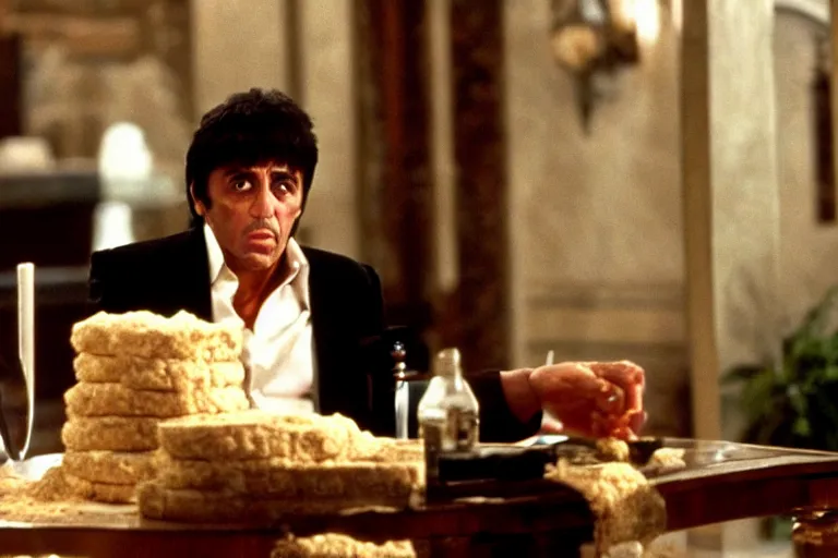 Image similar to tony montana from movie scarface 1 9 8 3 sitting behind a big black oak table with big large packages of flour. al pacino. perfect symmetric face, coherent eyes, medium shot, fine details, 4 k, ron cobb. last scene from scarface movie, bokeh