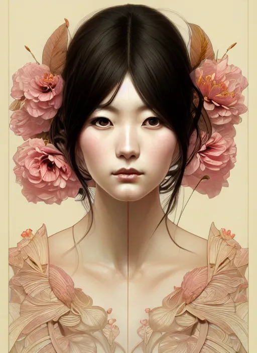 Prompt: symmetry portrait of floral hitomi kisugi, intricate, elegant, highly detailed, digital painting, artstation, concept art, smooth, sharp focus, illustration, art by artgerm and greg rutkowski and alphonse mucha, 8 k