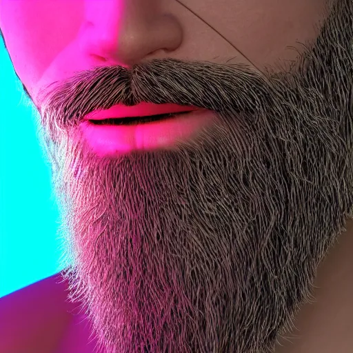 Image similar to an extreme close - up portrait of a neon glowing human beard, photographic filter, unreal engine 5, realistic, hyperdetailed, 8 k, cinematic, volumetric lighting, very realistic effect, hd, hdr, 4 k, sharp focus, octane render, ultra detailed, high resolution, trending on artstation in the style of albert dros glowing rich colors powerful imagery