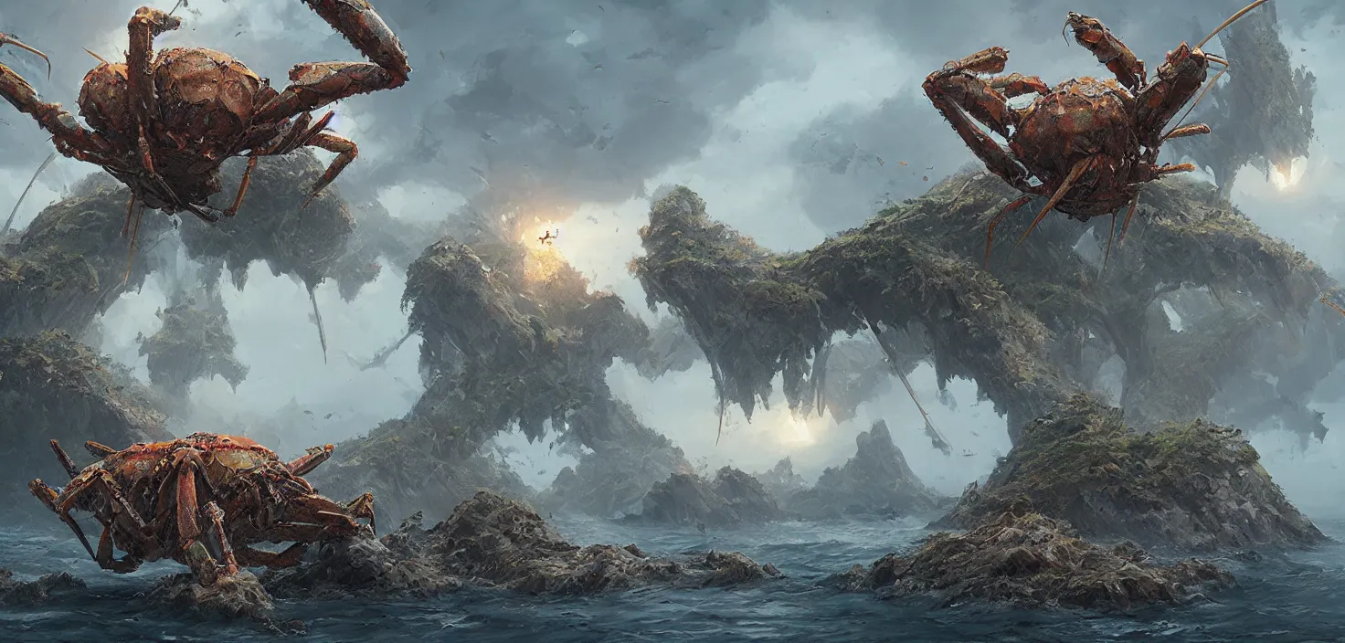 Prompt: beautiful island inhabited by a single spider crab, sinister underworld, Greg Rutkowski, high quality digital art