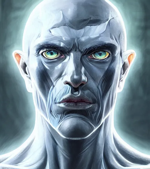 Prompt: symmetry portrait of a tall warrior with grey hair and big muscles, light blue eyes and body full of scars, his skin in extremely white and grim looking, mysterious ultra detailed, intricate, anime, dynamic lighting, digital art, digital painting, art station, wlop, sharp focus, illustration, art by artgerm and greg rutkowski and alphonse mucha