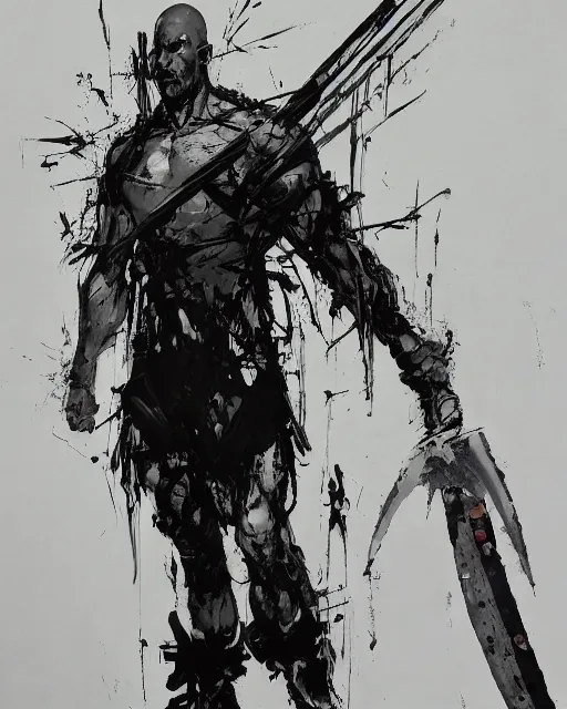 Prompt: tall bald man, standing, wielding a large axe, spike through two eyes, large spike through eyes, black robe, painting by yoji shinkawa, alphonse murac, craig mullins, sui ishida, yoshikata amano, collaborative painting, very detailed and high quality, 4 k, 8 k, artstation