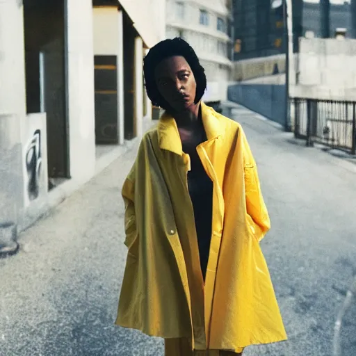 Image similar to realistic photoshooting for a new vetements lookbook, color film photography, photo of a woman, photo in style of tyler mitchell, 3 5 mm, featured on vogue