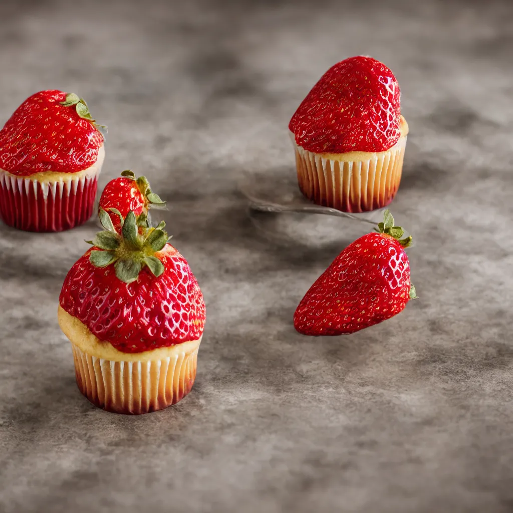 Prompt: strawberry cupcake, dynamic lighting, bokeh, carl zeiss 8 5 mm vintage lens, hyper realistic, award winning food photography