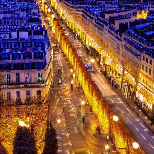 Image similar to an avenue in paris on a christmas night, colorful, aerial view, photorealistic, 8 k