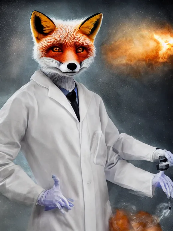 Image similar to a humanoid fox wearing a scientist white coat, chemicals on a white table in front of the fox, digital art, digital painting, masterpiece, anatomically correct, five fingers, cinematic, high coherence, realistic, high quality, highly detailed, 8 k, dramatic lighting, path traced, centered, high definition