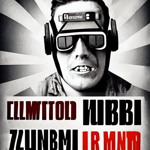 Image similar to old film poster zombie wearing vr, text reads zombie,!!!!!!!!! zombie!!!!!!!!!